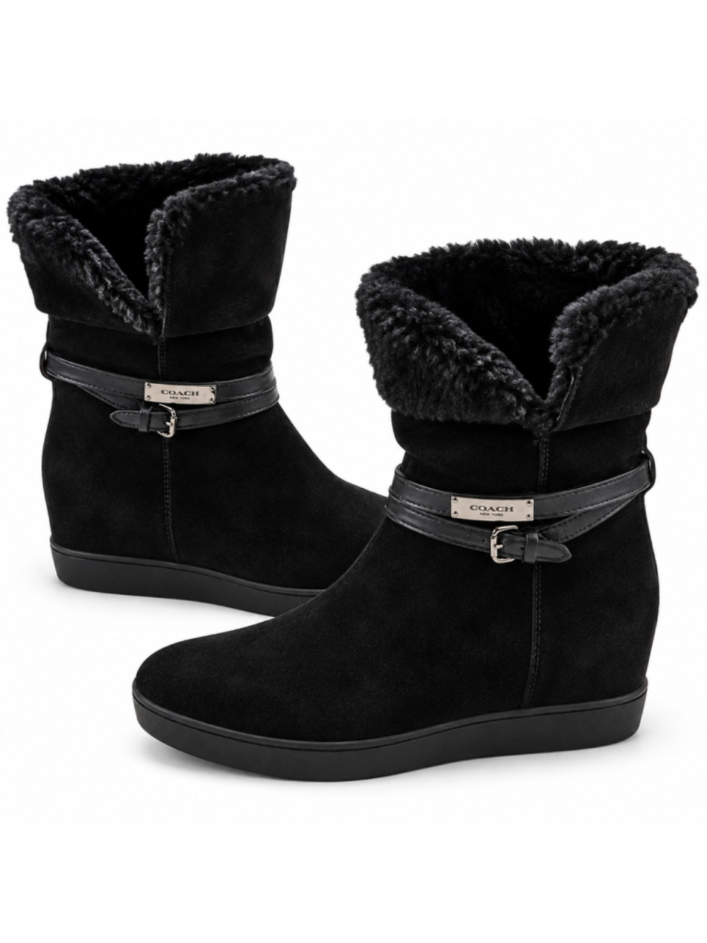 Coach Norell Boots Womens 6.5 Black Suede Faux Fur Hidden Wedge Buckle
